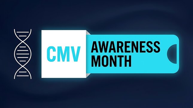 CMV awareness month June with DNA symbol on dark blue background for genetic research and health education.