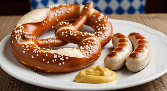 Delicious German pretzel and sausages on plate with mustard