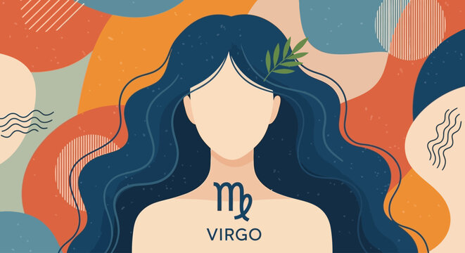 Woman with long hair and virgo zodiac sign on chest, astrology concept background