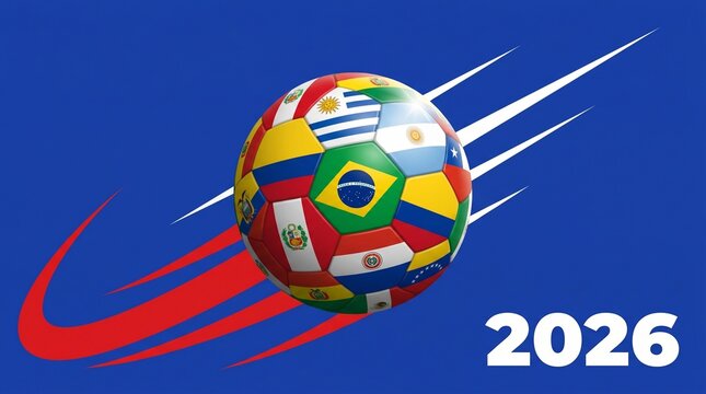 Soccer ball with south american country flags on a blue background with motion trails and 2026 text