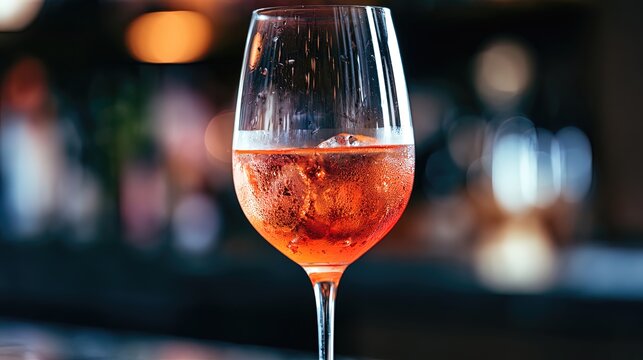 aperol. Close-up of a refreshing Aperol Spritz with condensation, set against a softly blurred bar scene. bar promotions, beverage menus, designed for product packaging and bar promotions.