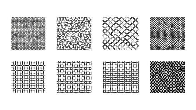 Collection of various mesh and grid patterns in black and white on a white background