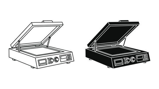 Vector illustration of two panini press toaster designs in black and white on white background