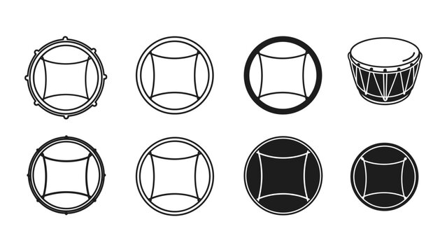 A set of eight different drum icons in various line art styles and colors on a white background