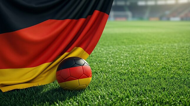 Soccer ball with german flag pattern on a professional stadium grass field with a draped german flag in the background