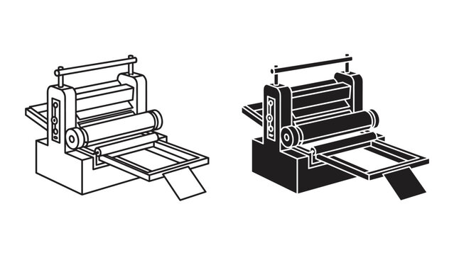 Two variations of a sheet fed printing press machine in black and white line art on a white background