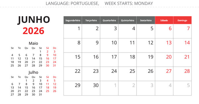 2026 Portuguese June monthly calendar planner page &ndash; Junho. Vector illustration Portugal