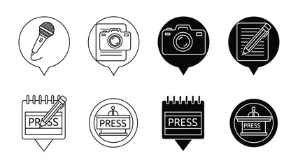 Fototapeta premium Set of press and media icons including microphone, camera, notebook, and more on white background