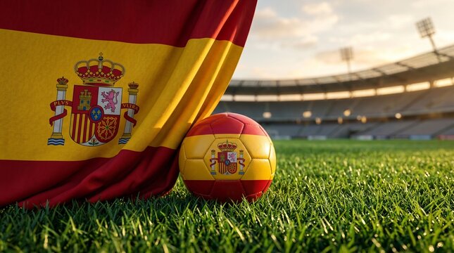 Spanish flag and soccer ball on stadium grass