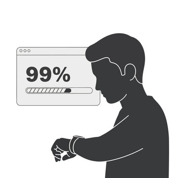 Man checking watch while waiting for download progress bar to complete.