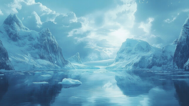 Frozen Mountain Range and Mirror Lake in Arctic Landscape