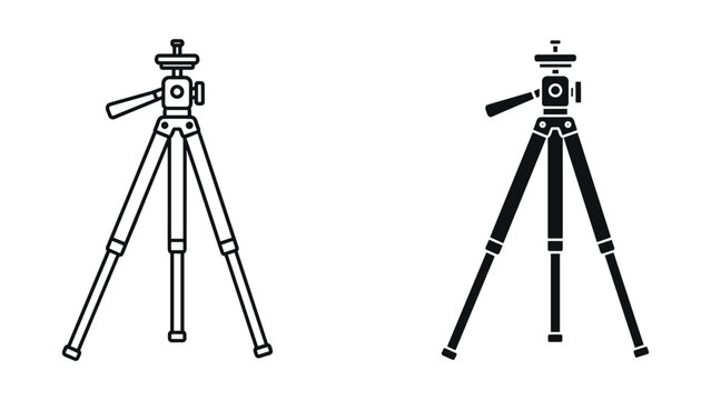 Two black and white tripod camera stands on a white background