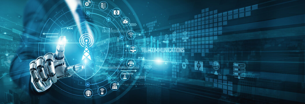 Com-Bot robot hand touch network shield TELECOMMUNICATIONS infra. High speed fiber and wireless connectivity enable seamless global communication and data exchange for every modern business.