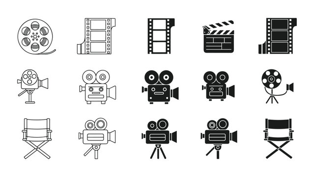 Collection of film and movie icons in various styles and formats on white background