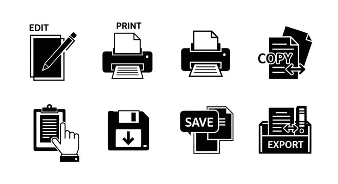 Office productivity and document management icon set featuring edit print copy save and export tasks on white.