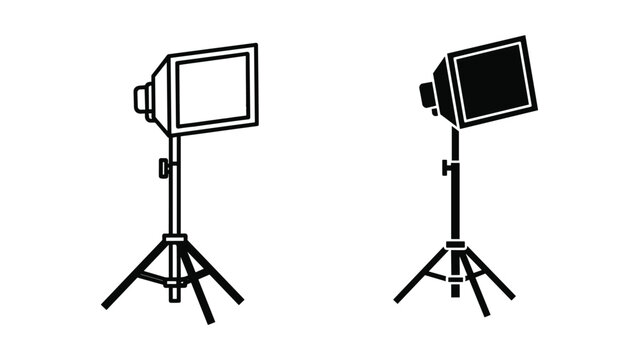 Black and white illustration of two studio softbox lights on stands isolated on white background