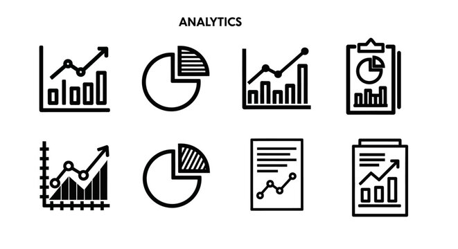 Business analytics icons set with line charts and pie diagrams for financial data visualization and reporting.