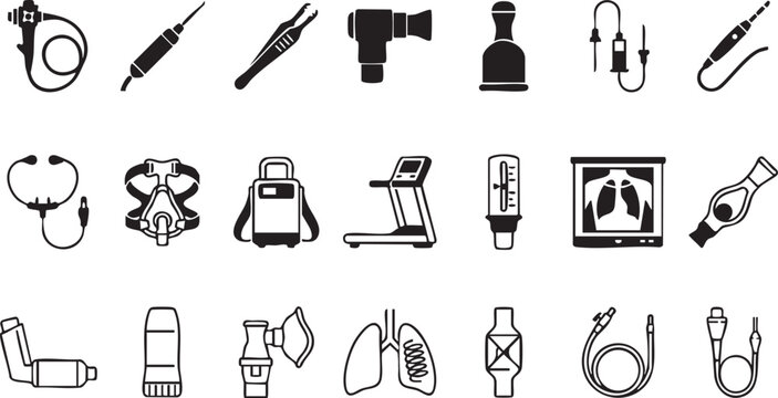 Pulmonology and respiratory system medical icons. Lung health, diagnosis, and treatment vector illustration collection
