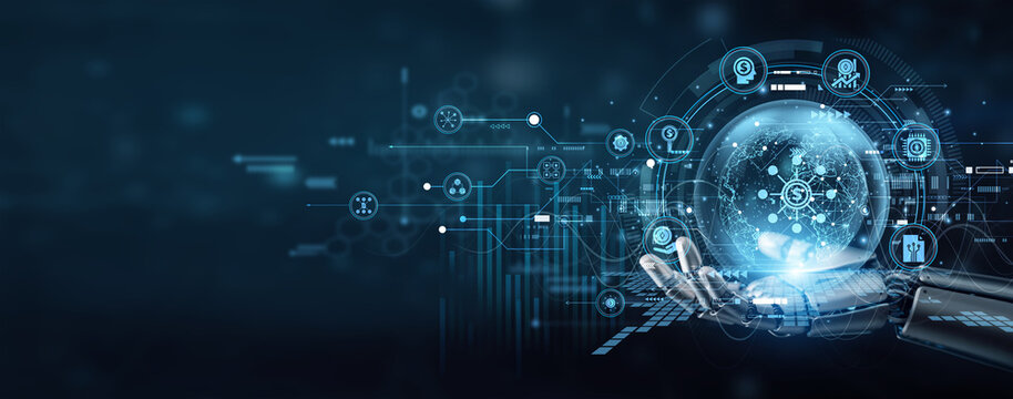Robot hand firmly hold DECENTRALIZED FINANCE tokens to reshape global banking systems. Blockchain technology enables transparent, peer-to-peer transactions without traditional middleman.