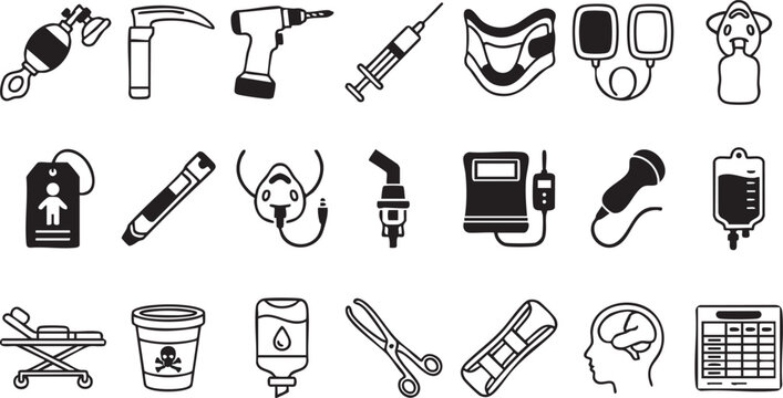 Emergency medical services and intensive care icons set featuring defibrillator stretchers oxygen masks syringes cervical collars and ambulance medical equipment