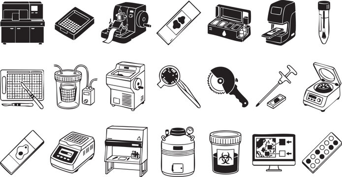 Laboratory equipment and pathology analysis icons set featuring microscopes centrifuge tissue samples slides biohazard containers and medical diagnostic machinery