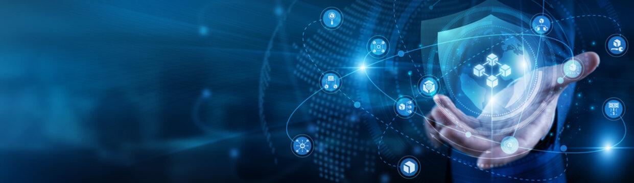 Developer hand-holds Blockchain global network ledgers and coins. Specialist working on laptop coding decentralized records and crypto. Distributed trust and secure digital agreements.