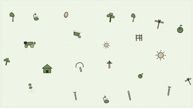 Cute hand drawn farm doodle seamless loop animation background with floating tractor barn windmill and gardening tools in earthy green tones 4K