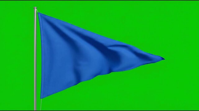 Blue Flag Waving on a Pole Against a Green Screen Background.