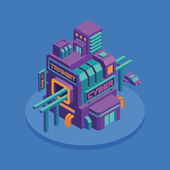 Obraz premium Isometric illustration of a futuristic cyber transit hub building with elevated tracks and a vehicle, rendered in purple, teal, and orange on a blue background.