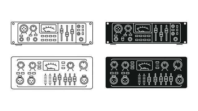 Collection of four electronic device control panels with various buttons and dials on white background