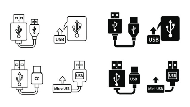 Collection of various usb connector types and symbols in black and white on a white background