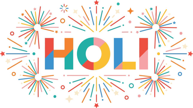 Holi festive lettering features a colorful geometric font style framed by burst firework patterns.