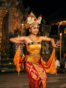 Balinese traditional dancer performing ceremonial Legong dance in golden costume under stage lights