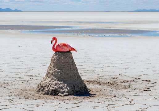 This is an image showing a flamingo sitting on top