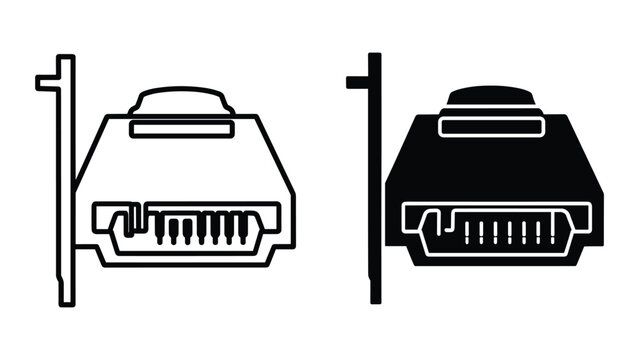 Black and white illustration of two printer ports with parallel cable connectors isolated on white background