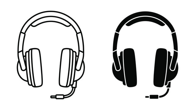 Black and white line art and solid icon of wired headphones on white background