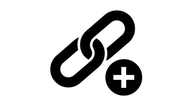 Minimal black silhouette icon, simple flat vector, bold black shape, no, no shading link icon with plus sign, add hyperlink symbol on a, flat icon style