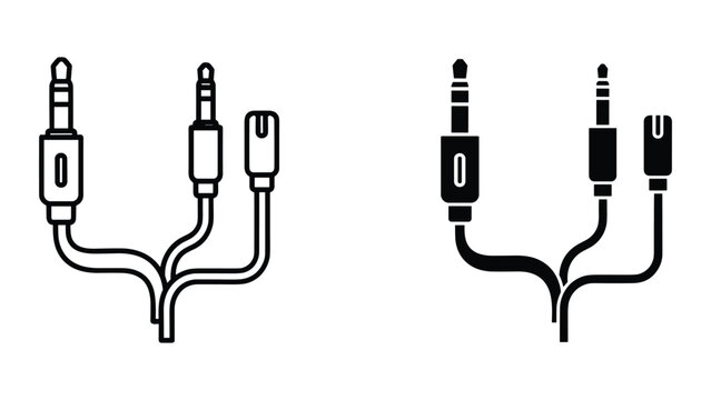 Vector illustration of audio adapter cables in black and white on a pure white background