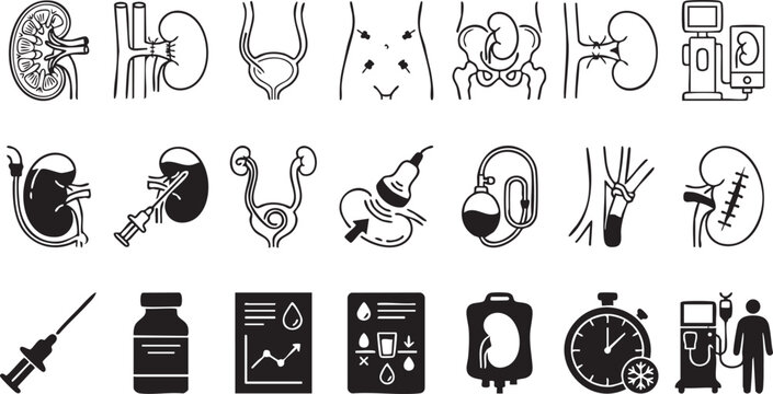 Collection of medical icons and symbols for healthcare and science representing kidney dialysis and human anatomy in black and white outline