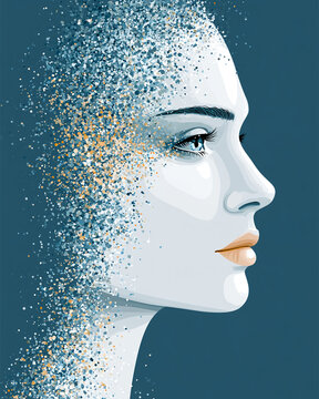 Conceptual vector illustration of a woman's profile disintegrating into particles, a metaphor for mental health issues, memory loss, or digital identity crisis.