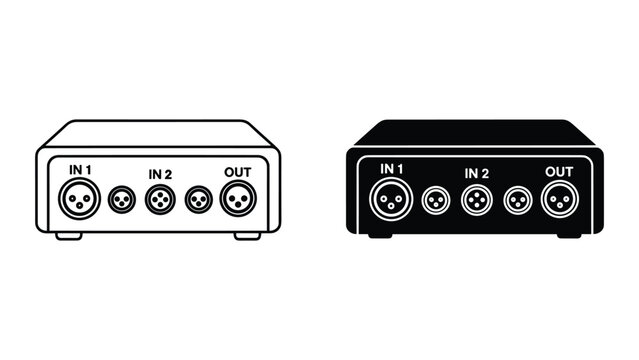 Vector illustration of audio video signal switcher box with multiple input and output ports in black and white