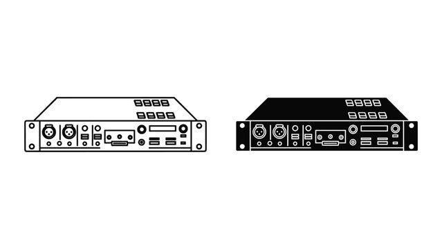 Vector illustration of two electronic device rear panels with various ports and connectors in black and white