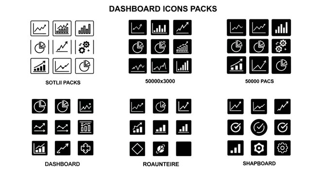 Dashboard icons pack with charts graphs and data analytics visual elements for user interface design projects.