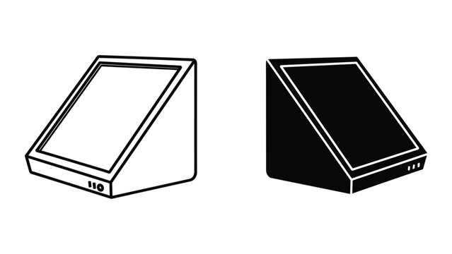 Black and white illustration of two rectangular objects with slanted tops and small circles on the front