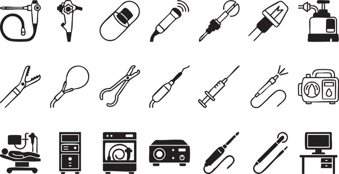 Endoscopy and laparoscopic surgery equipment icons featuring camera systems surgical tools monitors and diagnostic devices for minimally invasive procedures