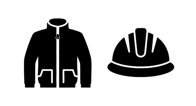 Minimal black silhouette icon, simple flat vector, bold black shape, no, no shading construction worker uniform icons including jacket and hard hat on a, flat icon style