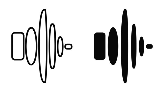 Camera lens optical components illustrated in outline and solid black on white background