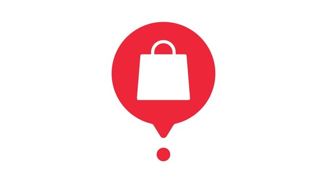 minimalist red map pin with white shopping bag icon on white background static shot