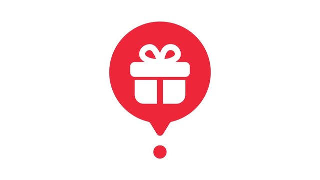 Red location pin icon containing white gift box graphic isolated on plain white background