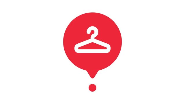 Red map location pin icon with white clothes hanger symbol isolated on white background